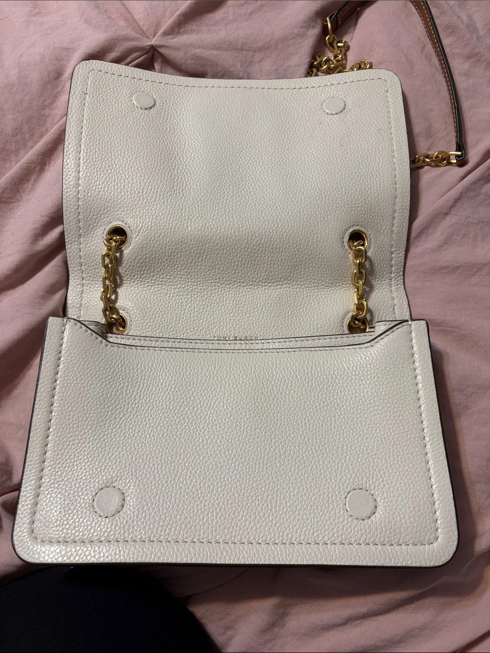 Tory Burch Cream Pebbled Leather Chain-Handle Shoulder Bag with Gold Hardware